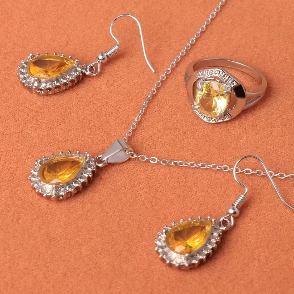 Teardrop Amber Yellow 3-Piece Jewelry Set with Halo Accents — main image
