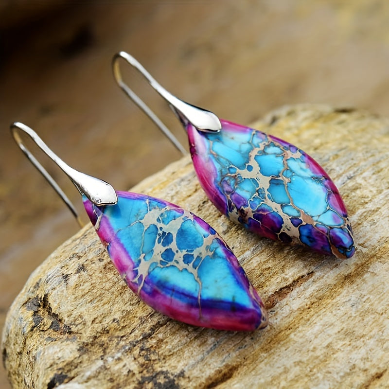 Teardrop Leaf Mosaic Stone Earrings with Silver-Plated Ear Wire