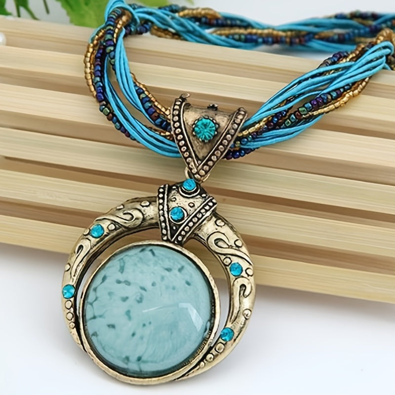Filigree Resin Stone Pendant Necklace with Beaded Cord