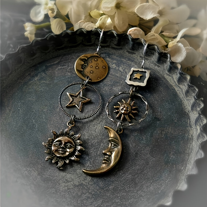 Sun & Moon Celestial Drop Earrings with Star Charm, Bronze & Silver Tone