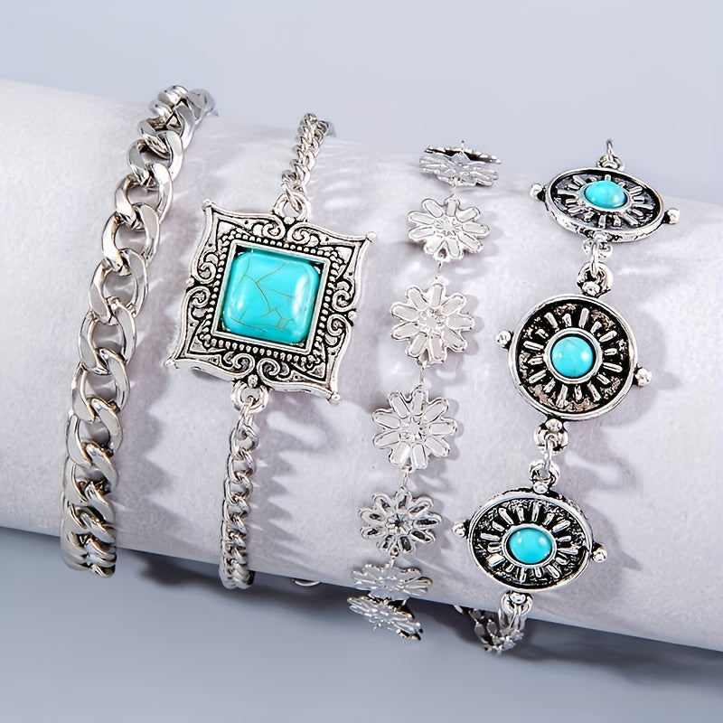 Turquoise Charm Layered Bracelet Set, 5-Piece Silver-Tone Stack
