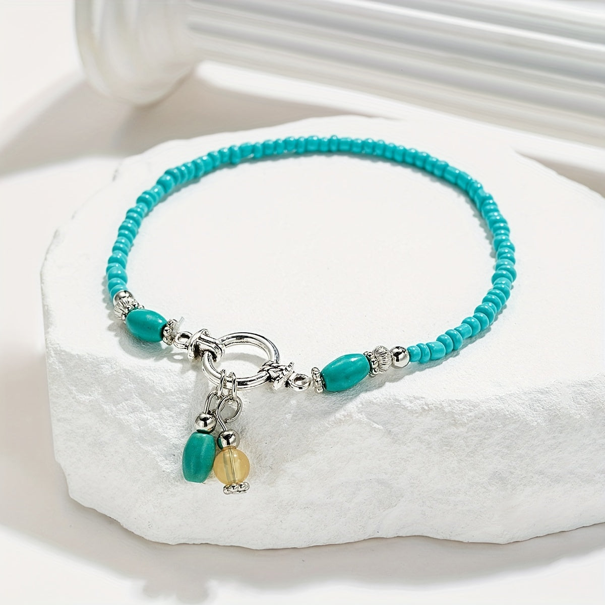 Turquoise Beaded Anklet with Toggle Clasp Closure