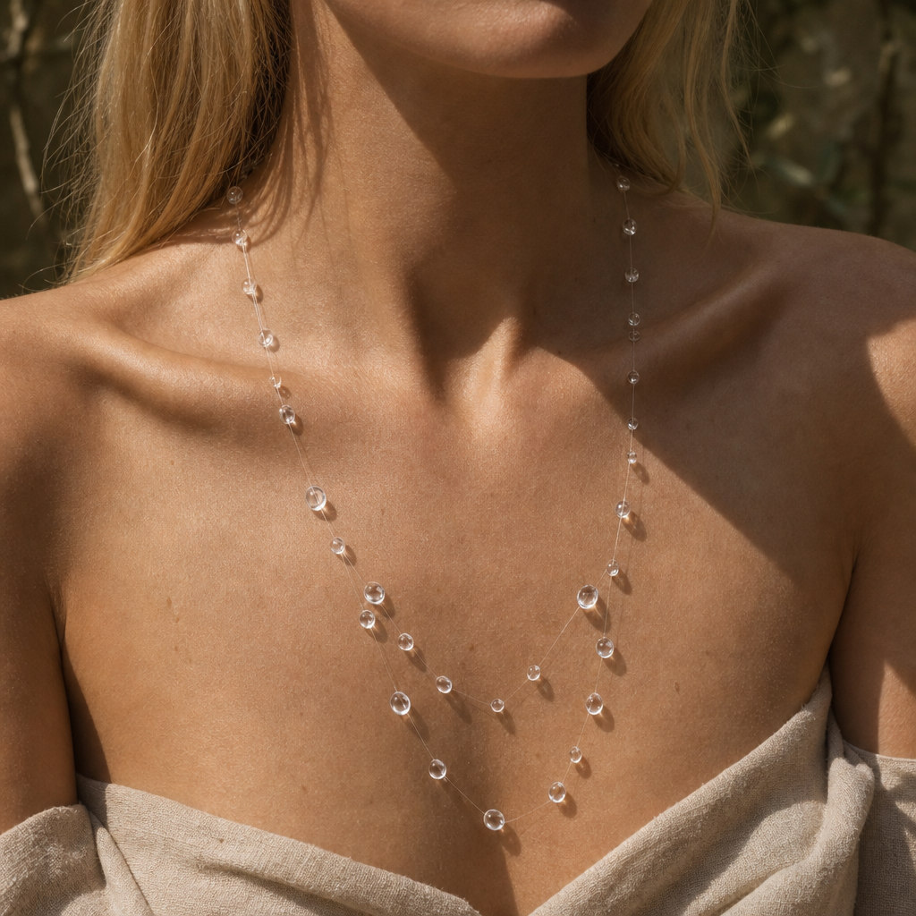 Layered Teardrop Necklace with Clear Floating Beads — view 2