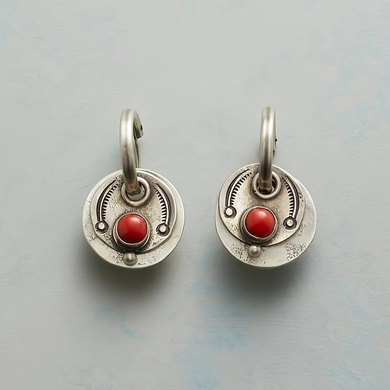 Round Red Stone Drop Earrings with Vintage Beaded Disc Design