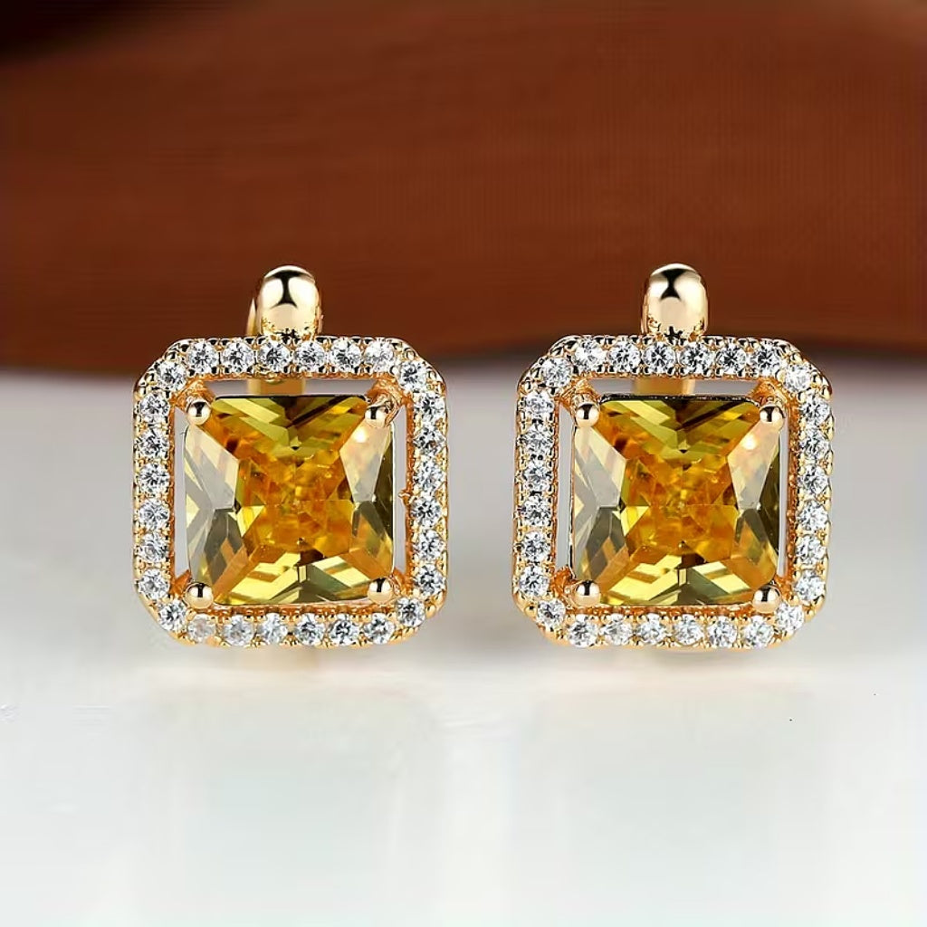 Square Halo Stud Earrings with Golden Cushion-Cut Stone and Cubic Zirconia Border — view 2