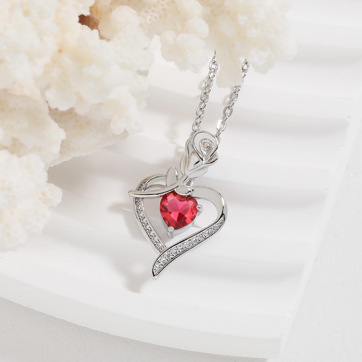 Heart Pendant Necklace with Rose Motif and Rhinestone Accents, Silver Tone