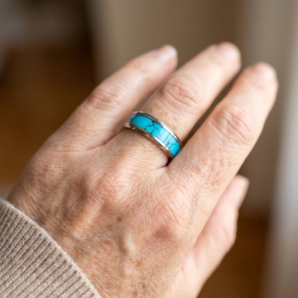 fashion 8mm men stainless steel rings inlay blue turquoise rings for men women wedding engagement band jewelry gift wholesale — lifestyle