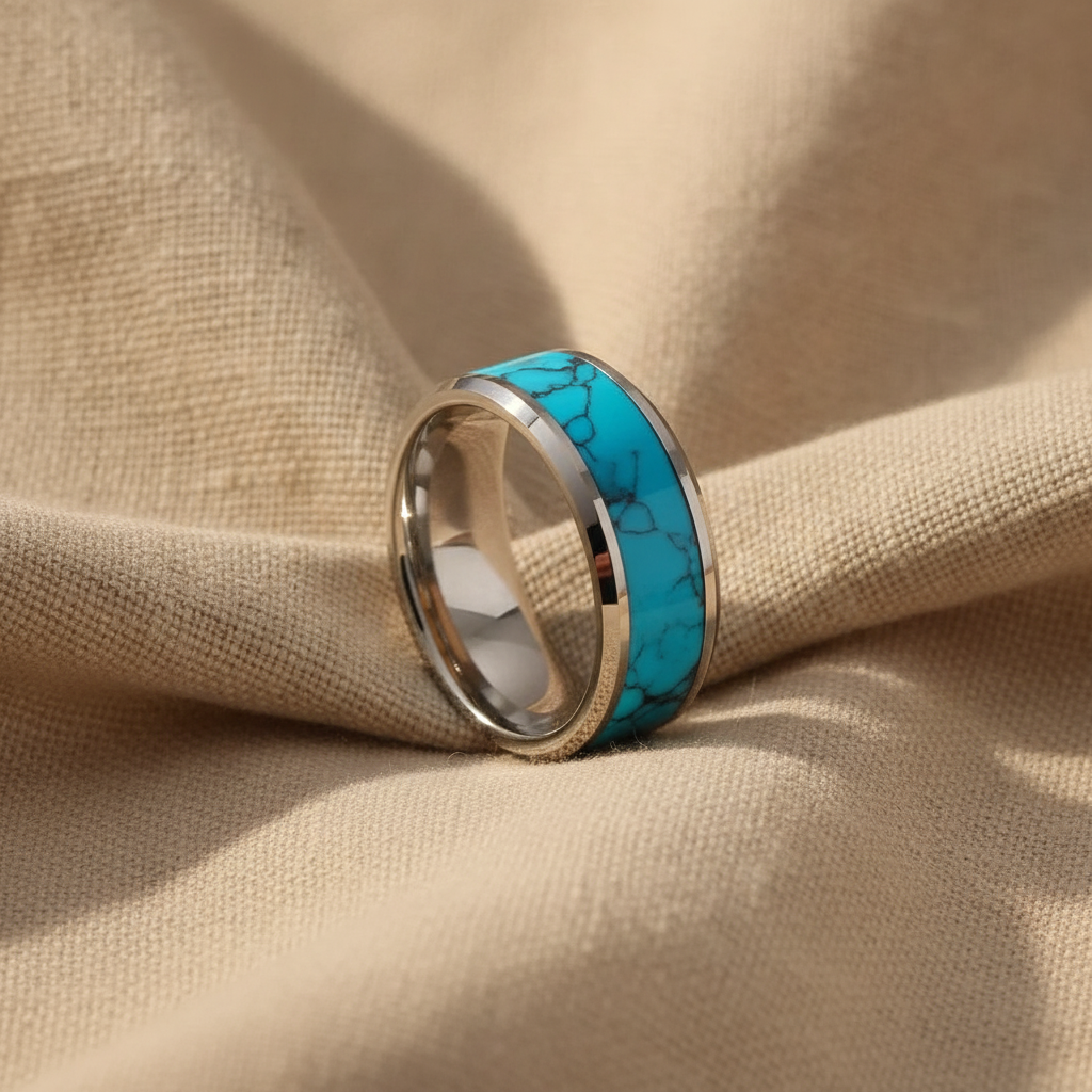 fashion 8mm men stainless steel rings inlay blue turquoise rings for men women wedding engagement band jewelry gift wholesale — studio