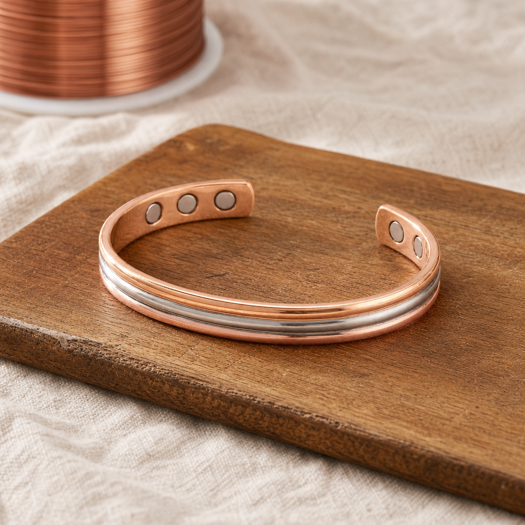 Copper Cuff Bracelet with Silver Stripe Accent and Magnetic Studs — Hand-Shaped Pure Copper Cuff — main image
