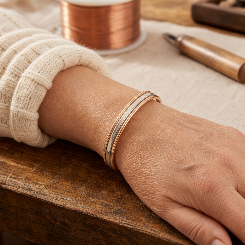 Copper Cuff Bracelet with Silver Stripe Accent and Magnetic Studs — Hand-Shaped Pure Copper Cuff — view 2