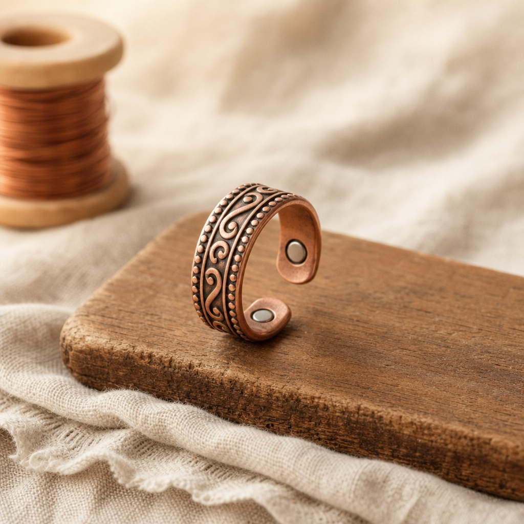 Copper Cuff Ring with Scrollwork and Dotted Detail, Oxidized Copper Finish, 99.9% Pure Copper, Adjustable Open Band — main image