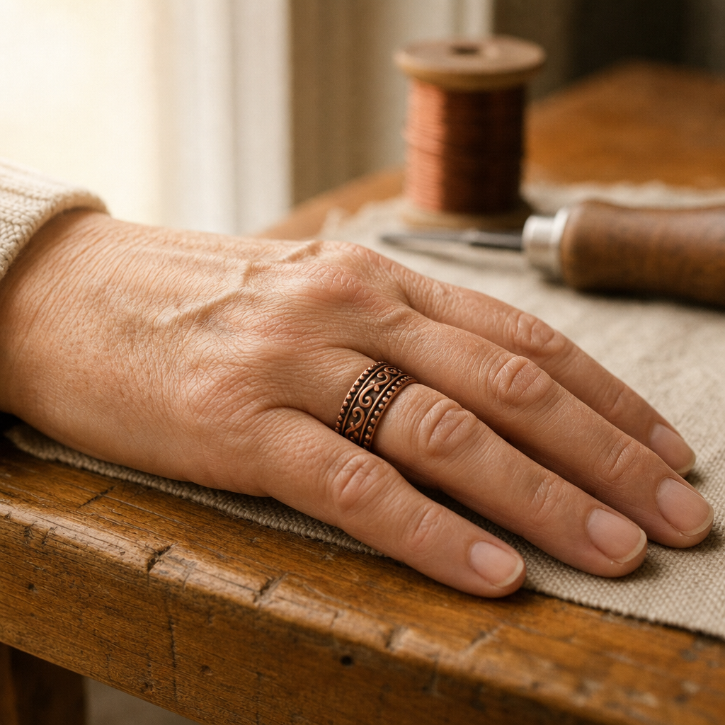 Copper Cuff Ring with Scrollwork and Dotted Detail, Oxidized Copper Finish, 99.9% Pure Copper, Adjustable Open Band — view 2