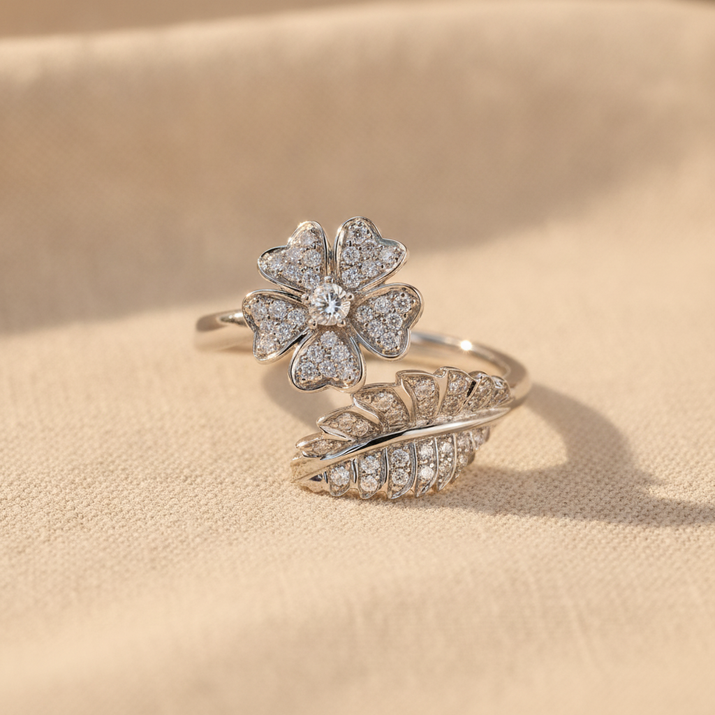 flower leaf zirconia ring — studio