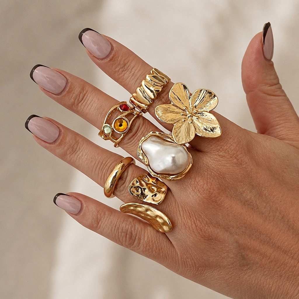 Baroque Gold-Tone Ring Set, 5 Pieces with Faux Stone & Pearl Accents — main image
