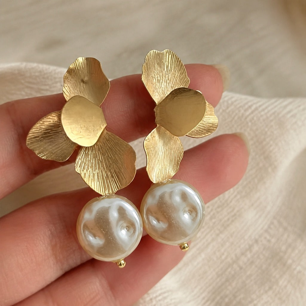 Floral Pearl Drop Earrings with Textured Gold-Tone Petals — view 2