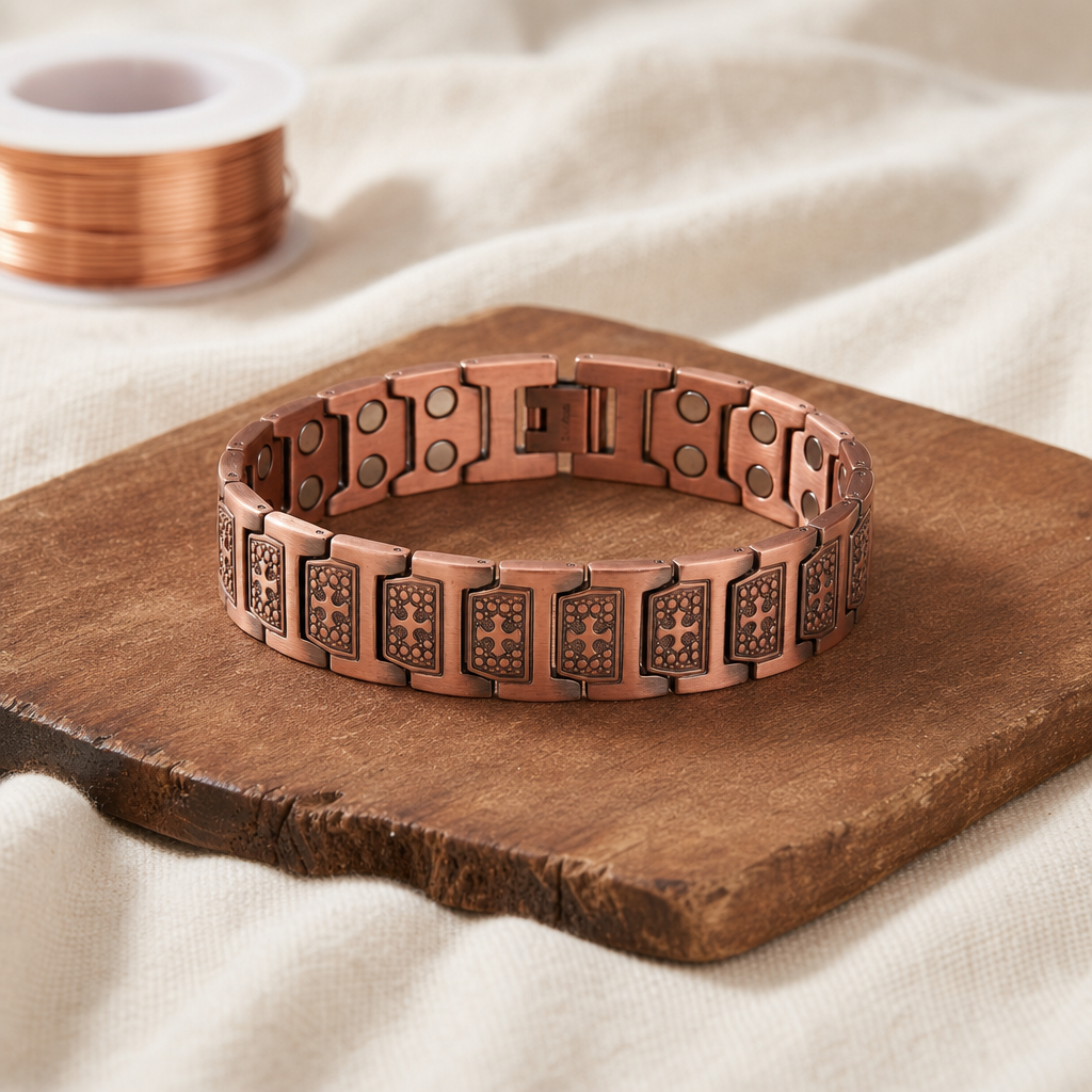 Copper Link Bracelet - Rose Copper 99.9% Pure Copper, Textured Rectangular Links, Magnetic Clasp — main image