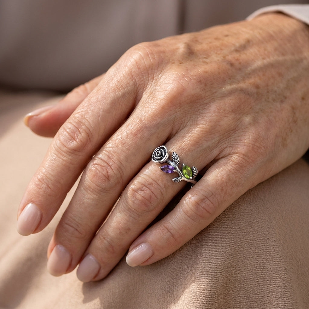 garden amethyst and peridot rose ring asr9779 — lifestyle