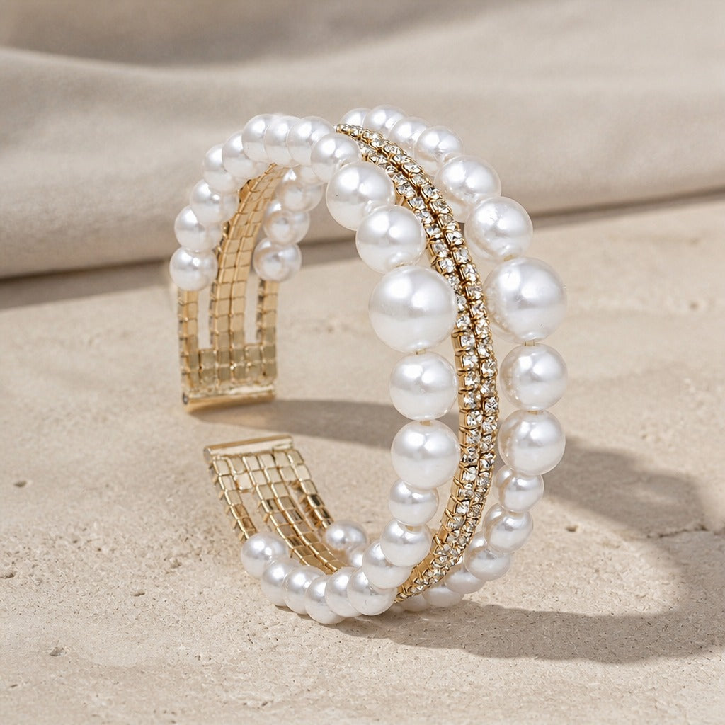 Multi-Strand Baroque Pearl Cuff Bracelet with Rhinestone Accents, Gold or Silver Tone — view 3