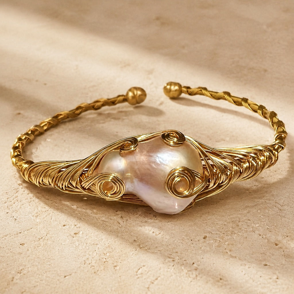 Baroque Pearl Wire-Wrapped Open Cuff Bracelet in Gold Tone — main image