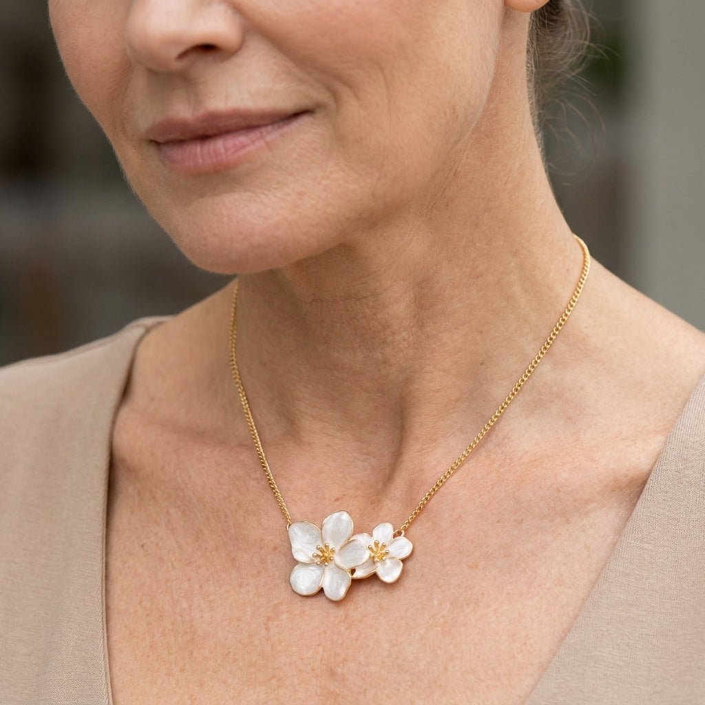 gold pearl flowers necklace — lifestyle
