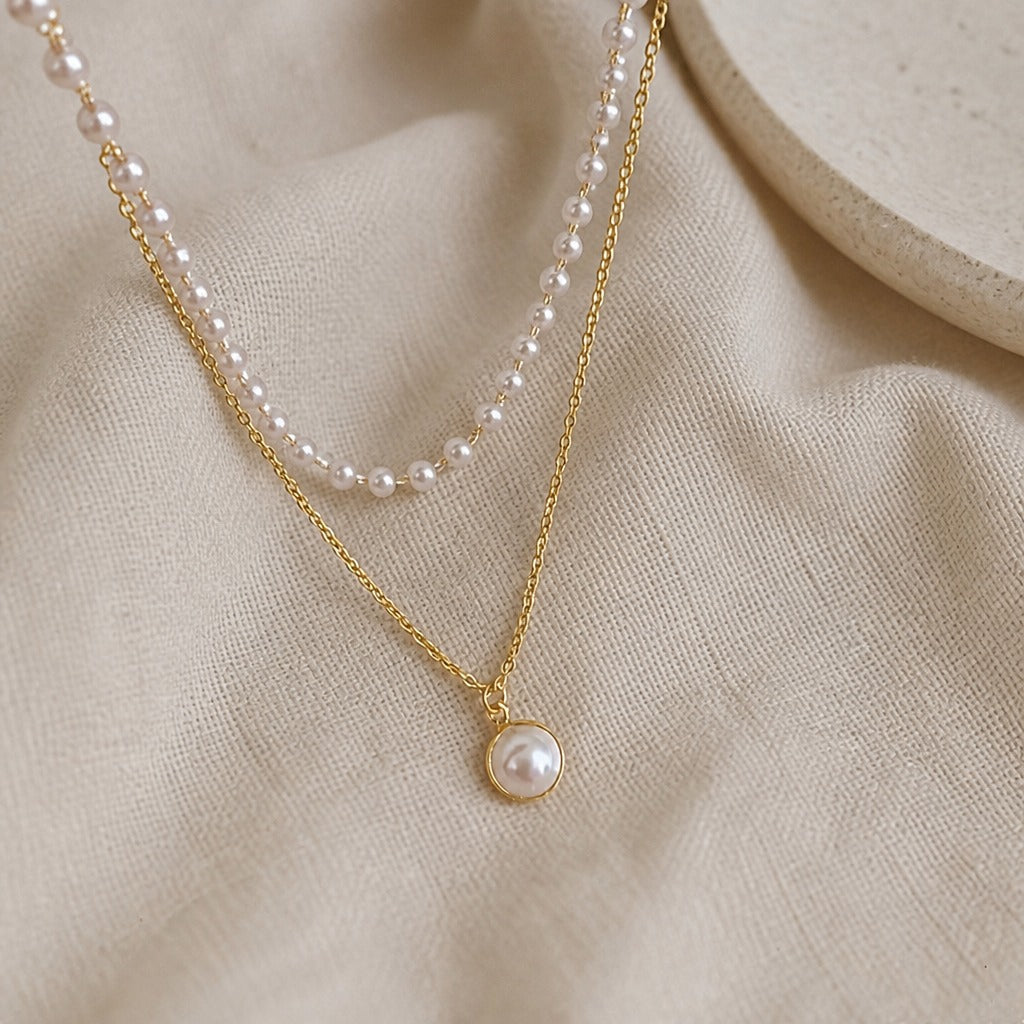 Multi-Strand Pearl Choker Necklace with Round Pendant — view 2