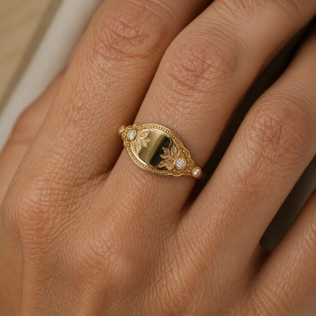 Laurel Leaf Signet Ring with Bezel-Set Cubic Zirconia Stones in Gold-Tone Copper — view 2