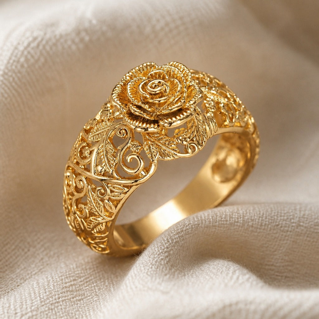 Vintage Rose Filigree Ring with Gold-Tone Openwork Band — view 2