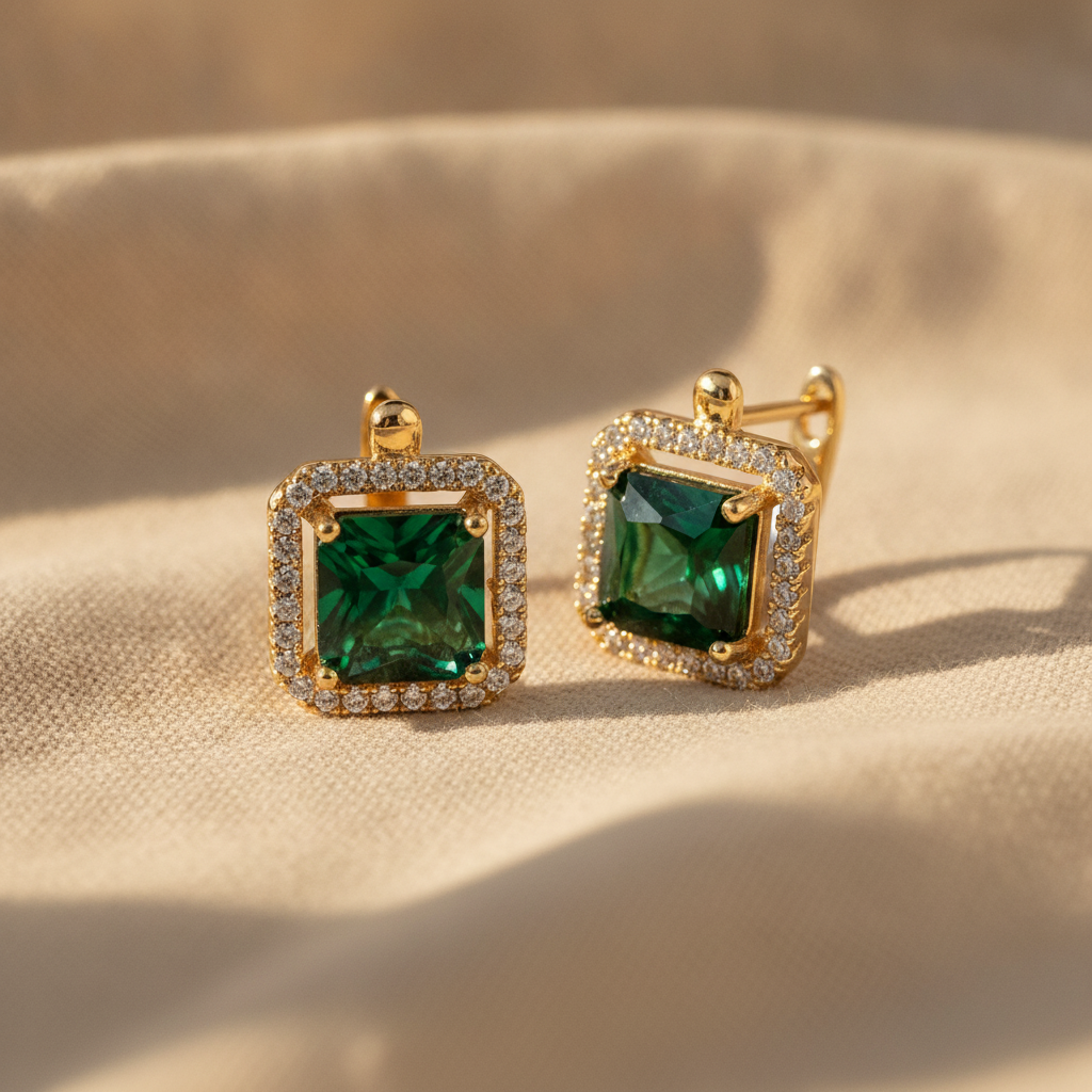 golden green square zirconia earrings gold 18k — studio
