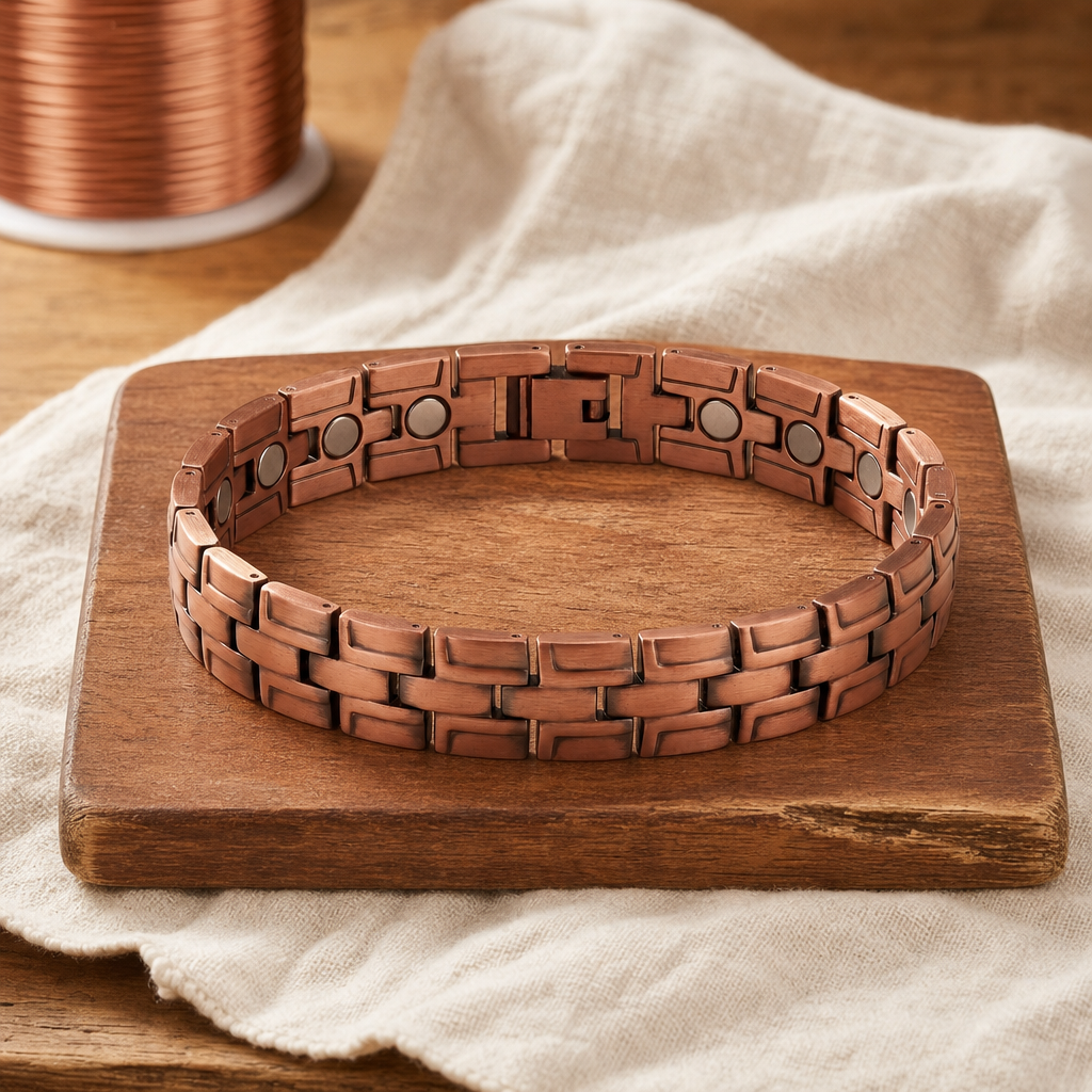 Copper Bracelet with Segmented Rectangular Links, 99.9% Pure Copper, Circular Accents — Handcrafted Copper Cuff — main image