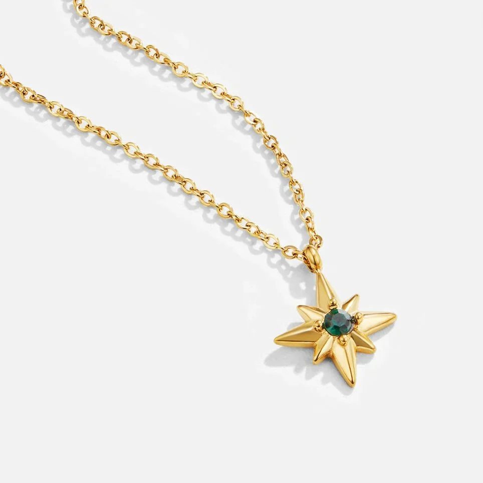 Celestial Star Pendant Necklace with Emerald-Green Stone in Gold Tone