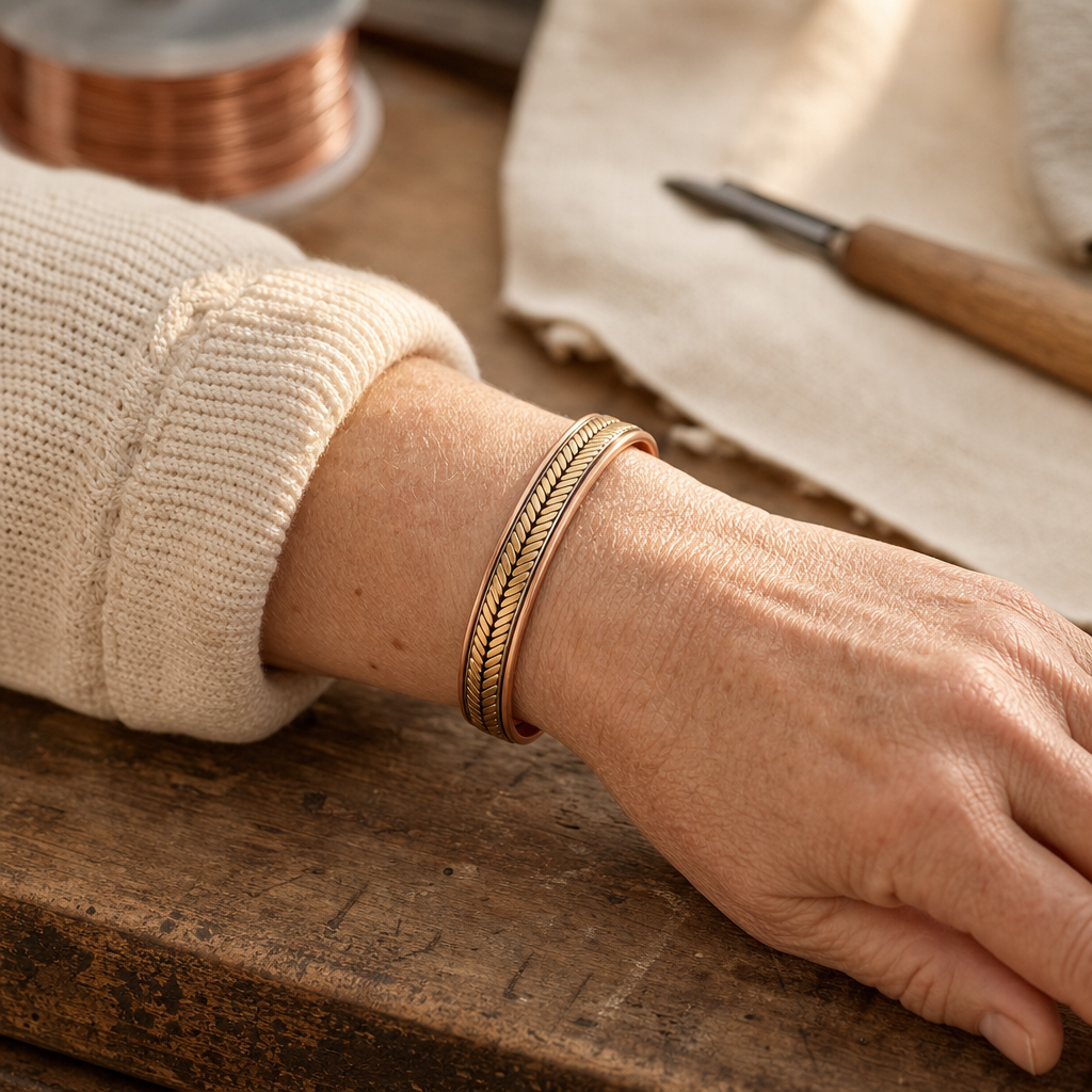 Copper Cuff Bracelet with Herringbone Texture and Magnetic Dots — Hand-Shaped Wellness Bracelet — view 2