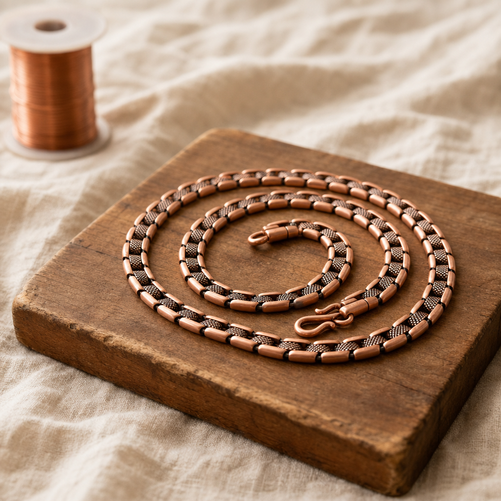 Copper Chain Necklace with Textured Barrel Links, 99.9% Pure Copper, Adjustable, Lobster Clasp — view 2