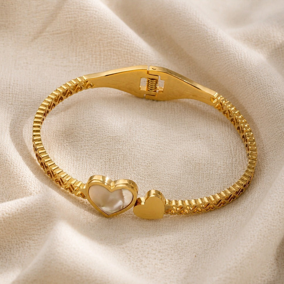 Heart Charm Bangle Bracelet with Mother-of-Pearl Inlay, Textured Gold Mesh Band — view 2