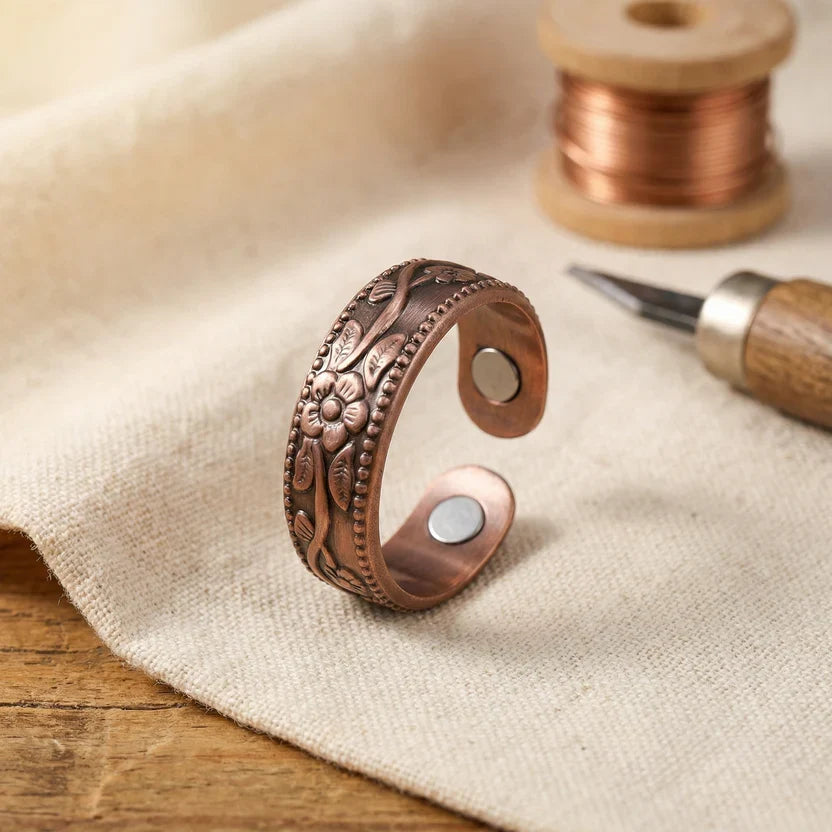 Floral Copper Cuff Ring with Beaded Border and Magnetic Closure — main image