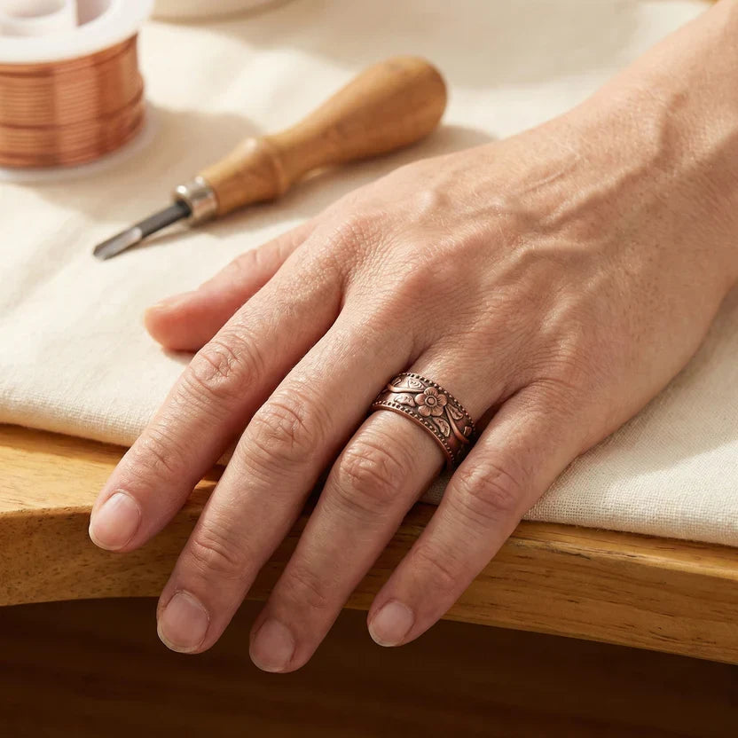 Floral Copper Cuff Ring with Beaded Border and Magnetic Closure — view 2