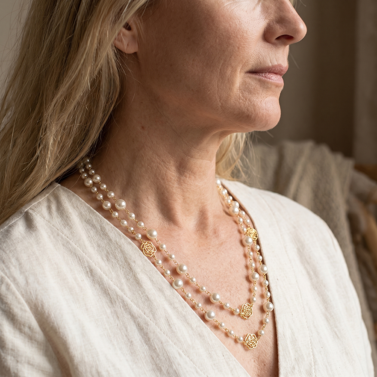 Pearl Jewelry Set - Gold-Tone Filigree Ring, Pearl Necklace and Celine Pearl Bracelet - 3 Pieces