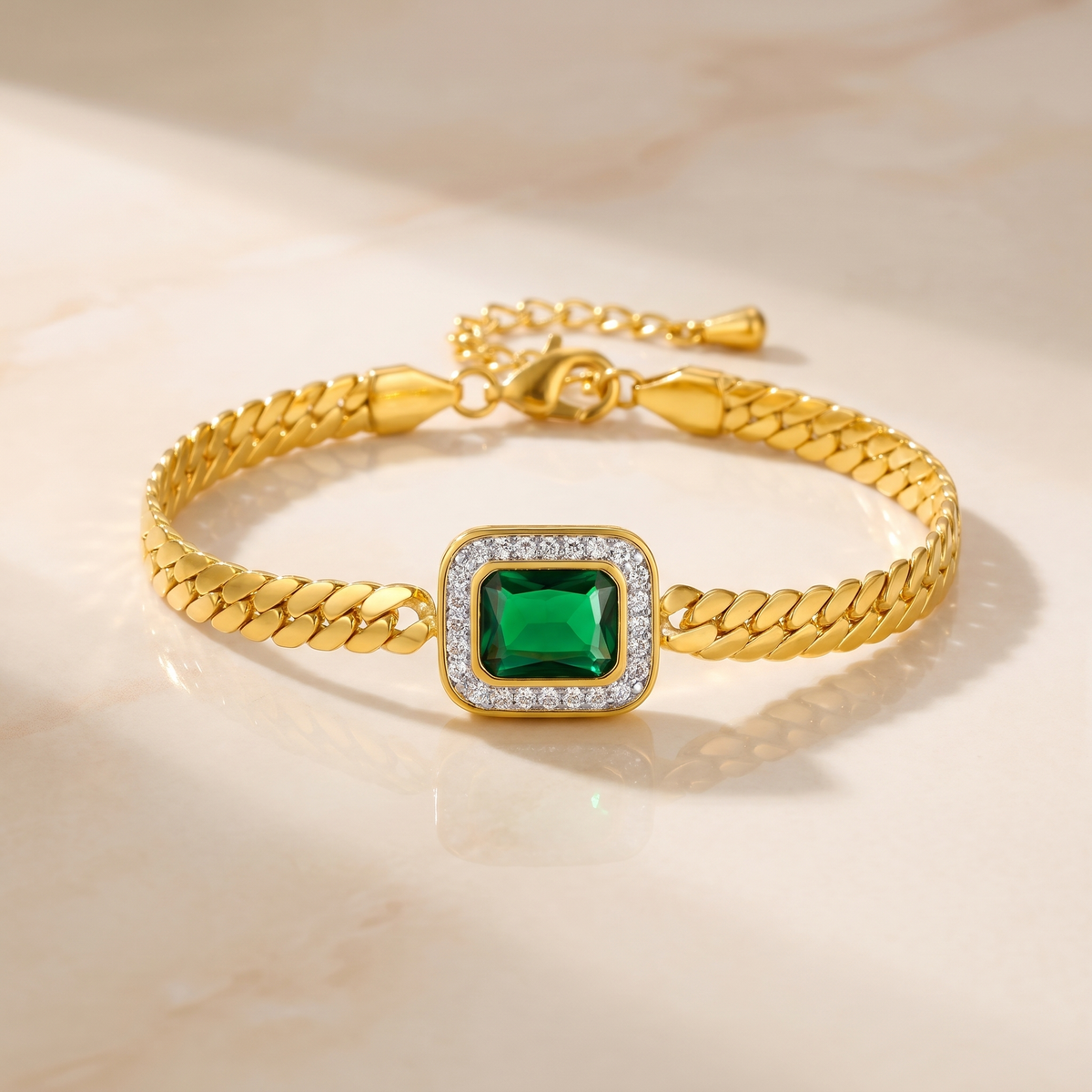 Square Emerald Pendant Bracelet with Crystal Halo, Gold-Tone Curb Chain — view 2