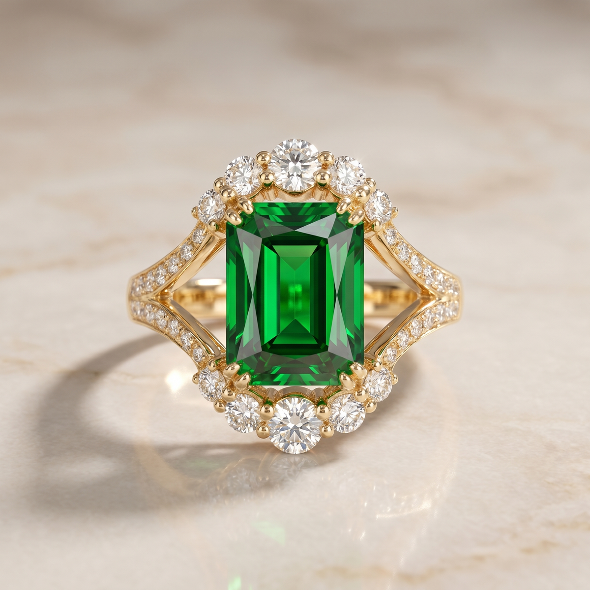 Emerald-Cut Green Stone Halo Ring with Geometric Frame in Gold Tone — main image