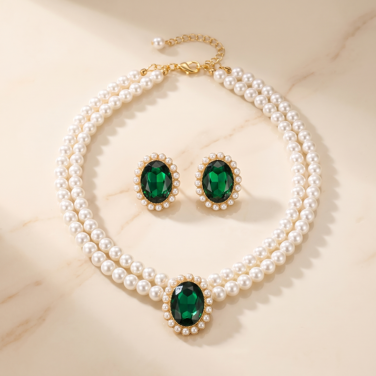 Emerald-Green Pearl Halo Jewelry Set – Necklace, Earrings & Pendant in Gold Tone — main image