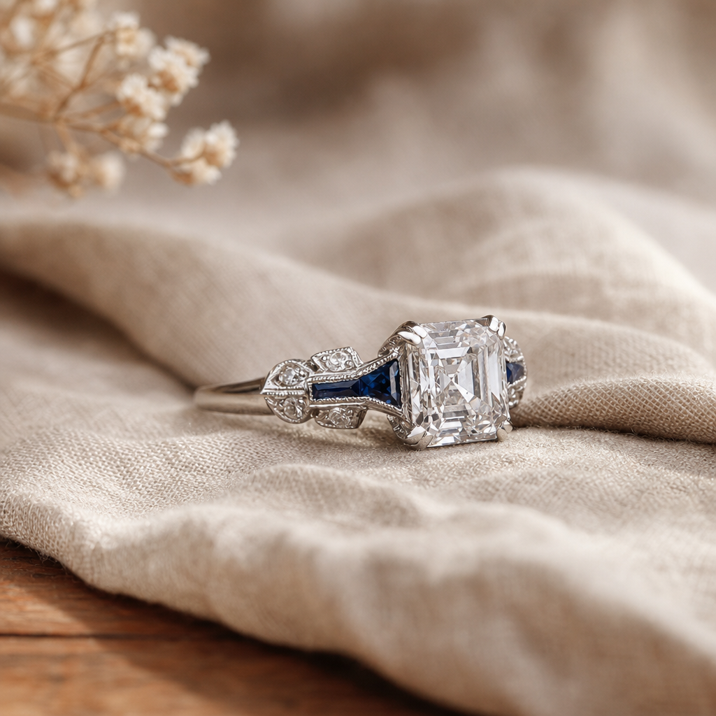 Vintage Art Deco Ring with Sapphire Accents and Milgrain Band