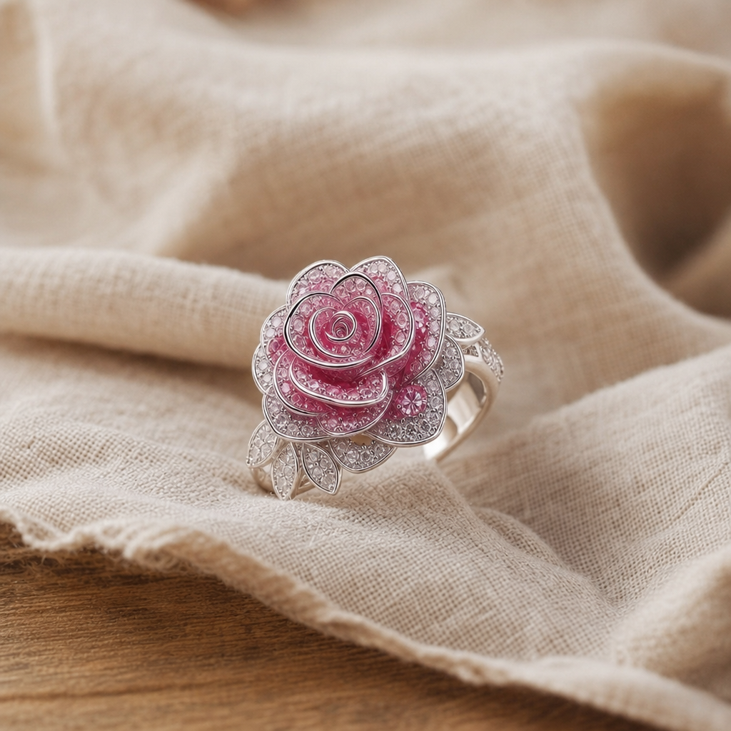 Pink Rose Flower Cocktail Ring with Layered Petals in Silver Tone