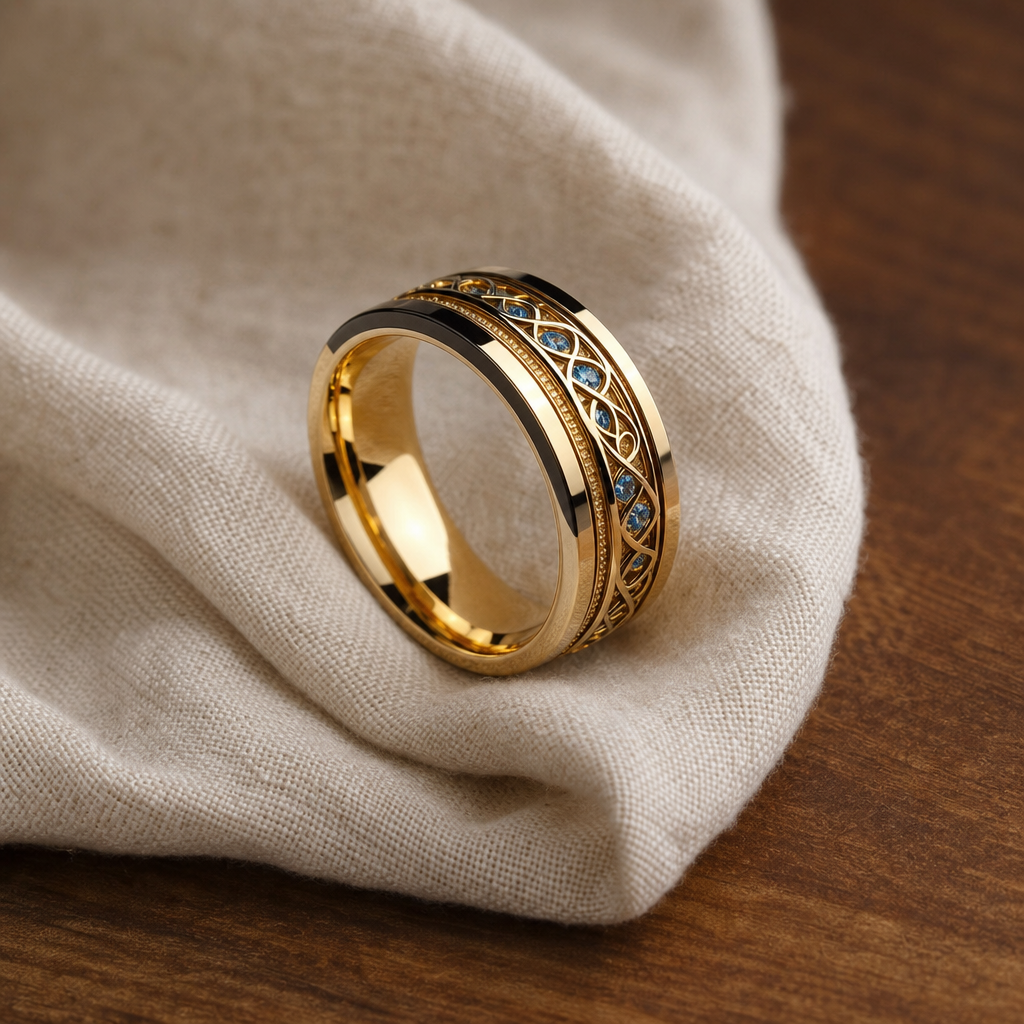Vintage Infinity Weave Ring with Blue Stone Accents and Black Metal Inlay