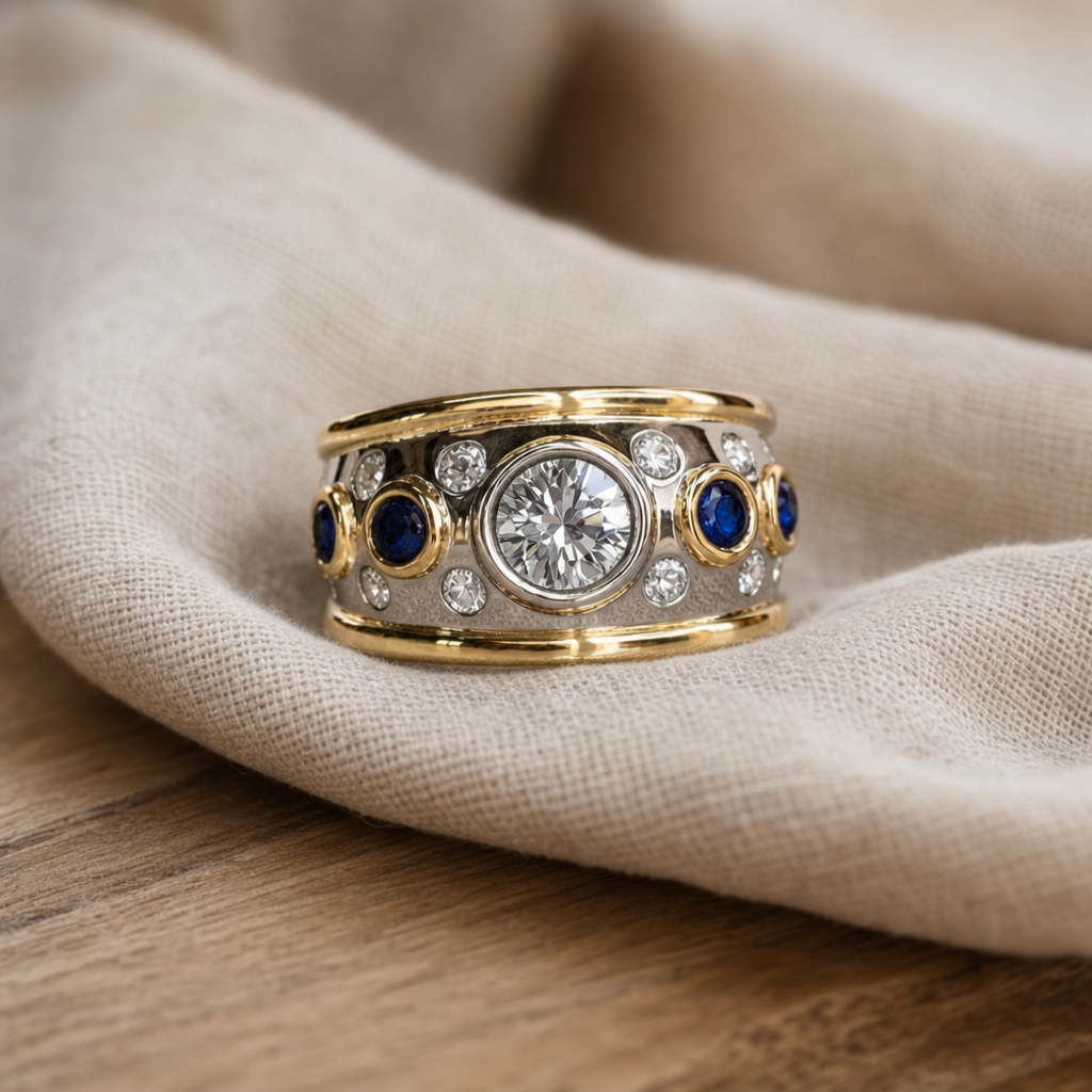 Round Stone Cocktail Ring with Sapphire Accents and Two-Tone Gold Band