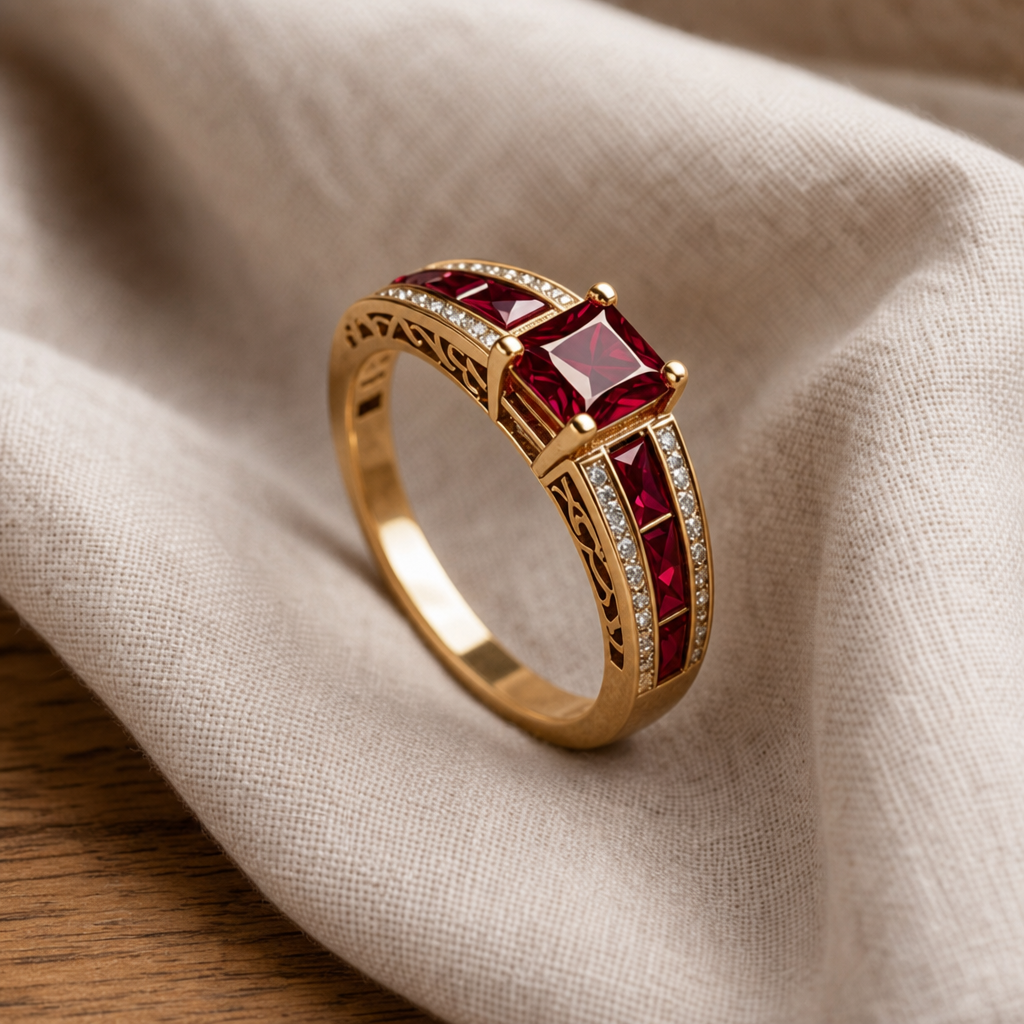 Square-Cut Ruby Statement Ring with Textured Gold-Tone Band