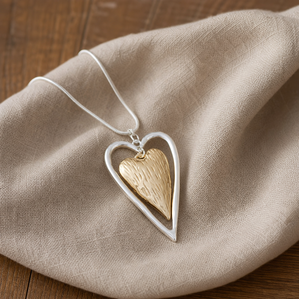 Two-Tone Heart Pendant Necklace with Silver Frame and Gold Accent