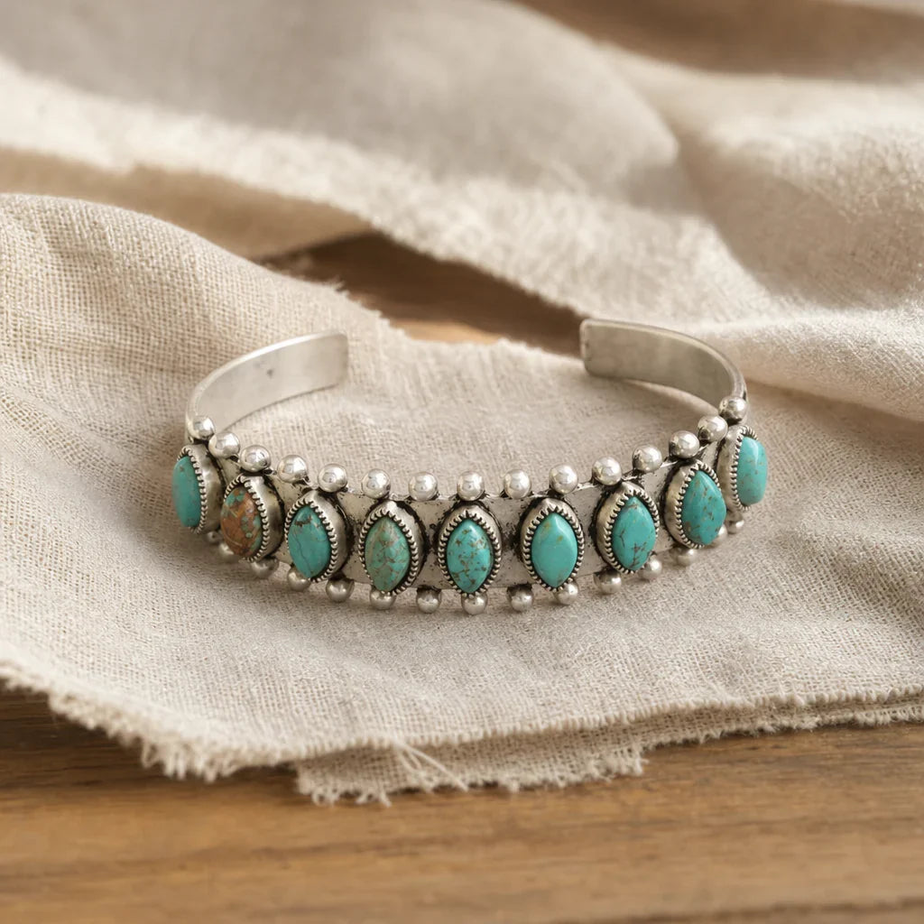 Oval Turquoise Cuff Bracelet with Beaded Silver Border
