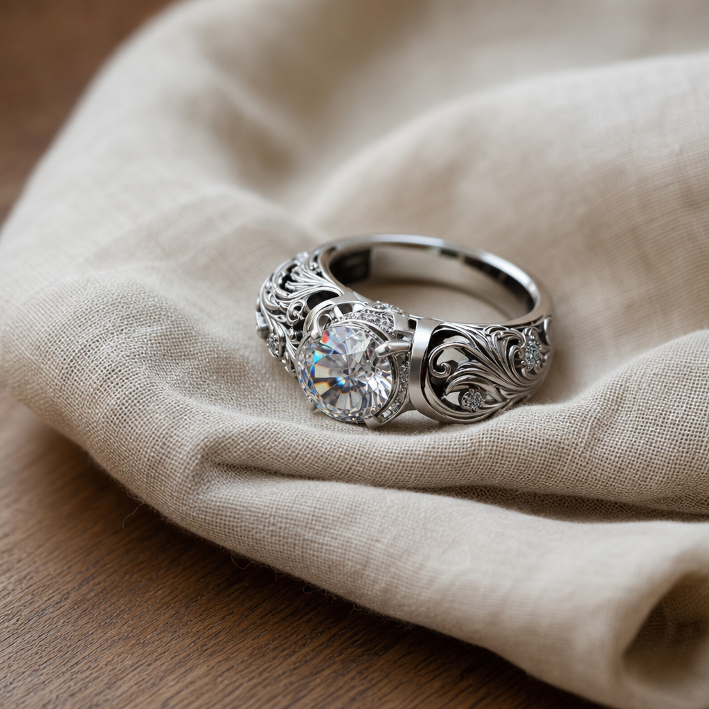 Round Crystal Statement Ring with Silver-Tone Scroll Band