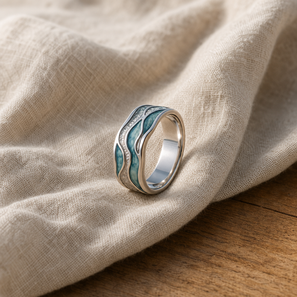 Turquoise Wave Ring with Silver-Tone Chevron Band