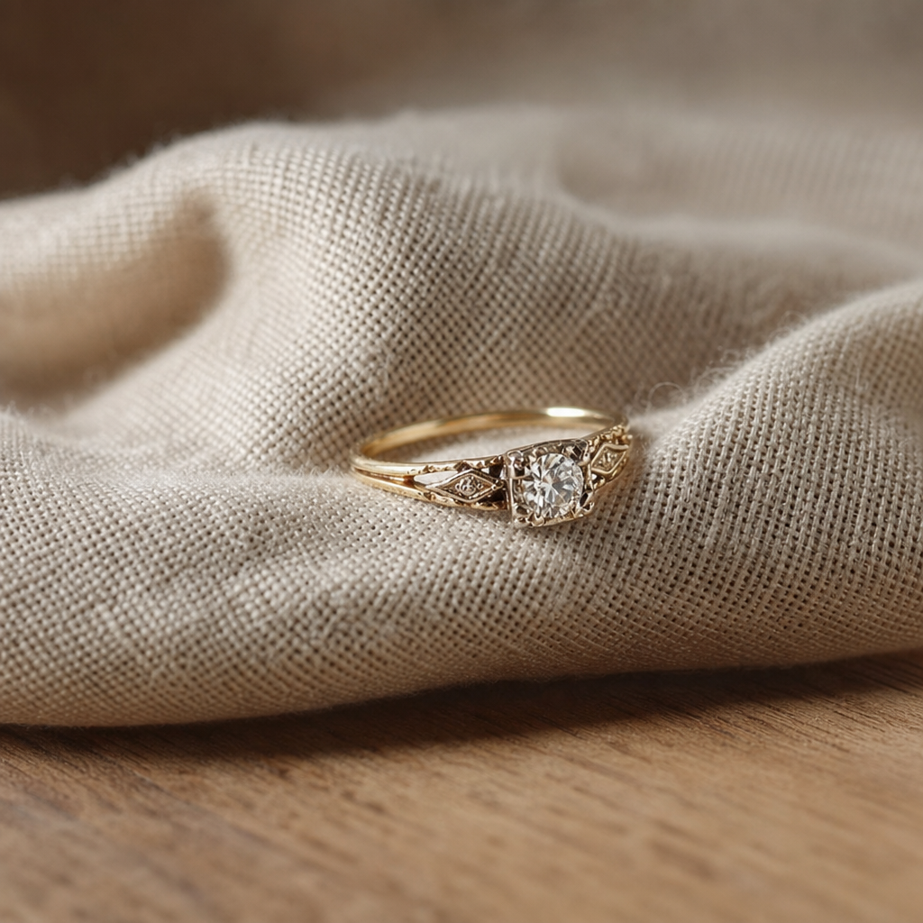 Art Deco Zirconia Solitaire Ring with Gold Filigree Band