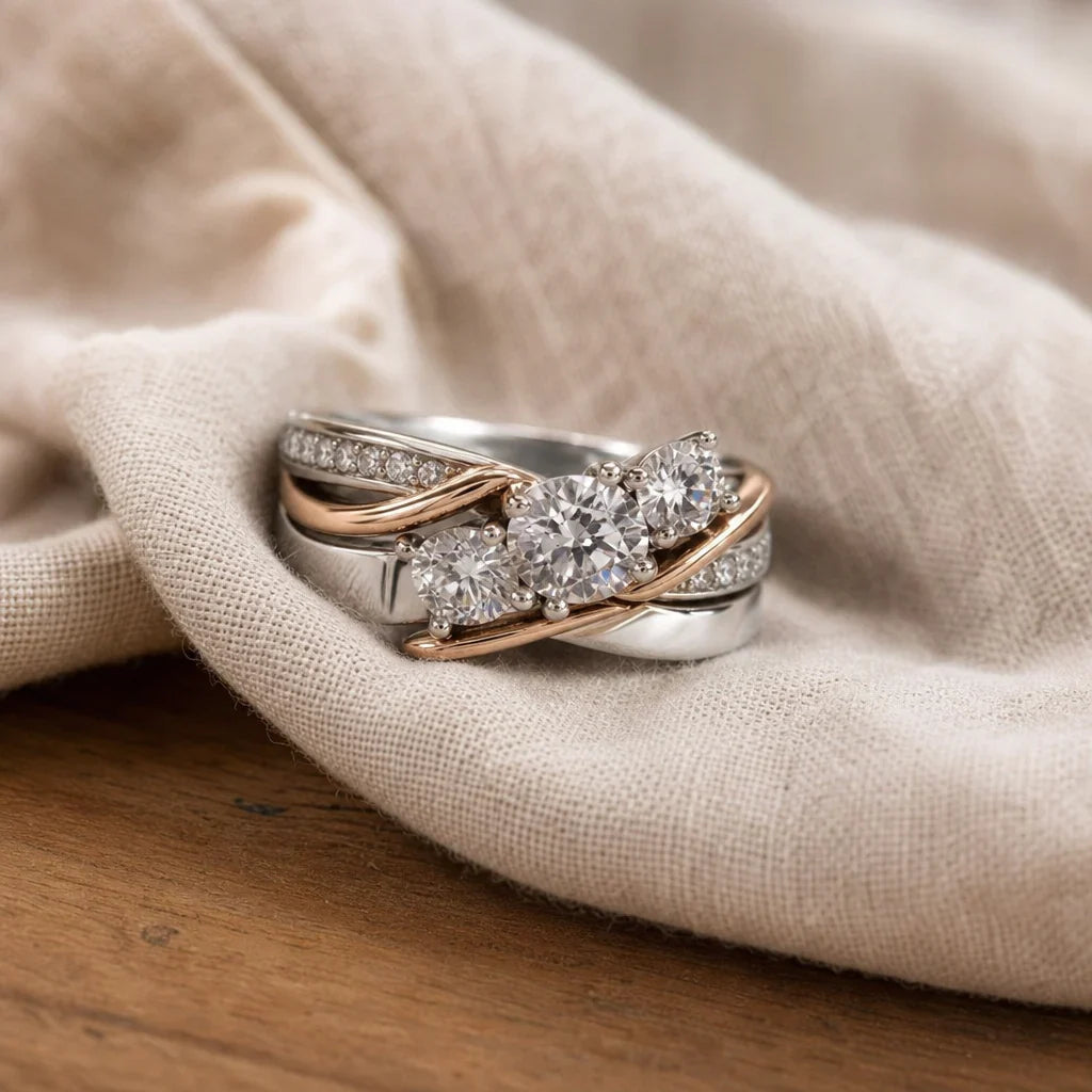 Three-Stone Cubic Zirconia Ring with Twisted Two-Tone Band